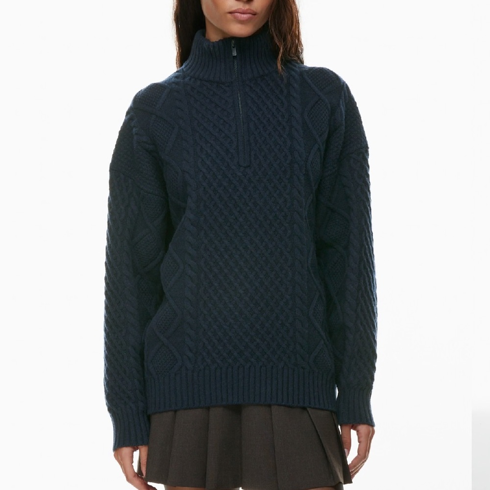 Aritzia Paggy Turtleneck 1/4 Navy Cable Knit Sweater